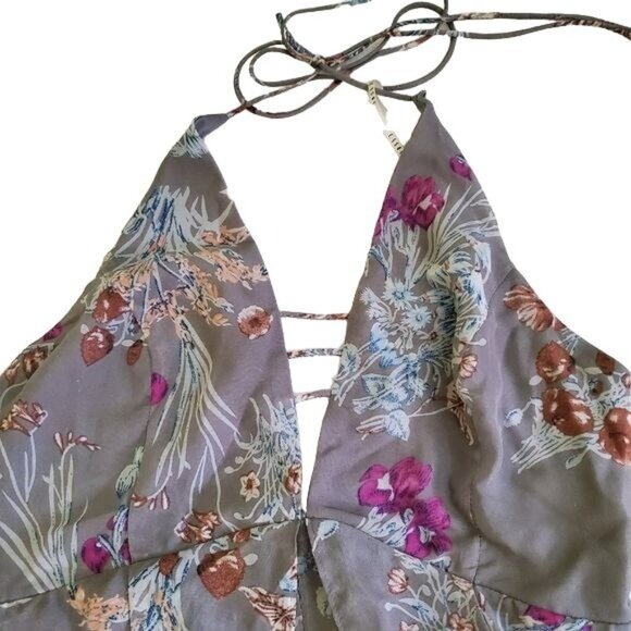 essue Floral Print Gray Maxi Romper Dress With Sheer Overlay Halter Neck Size L - Picture 7 of 16